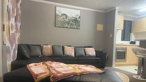 Ein Wohnzimmer mit einer schwarzen Couch, einer bunten Decke und einem Gemälde an der Wand.