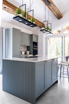Una cocina moderna con una isla central, muebles grises y plantas colgantes.