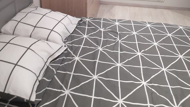 A bedroom with a bed, a wardrobe, and a bathroom with a shower.
