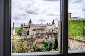 Vista de un pueblo histórico con edificios de piedra, algunos con techos cónicos, y un muro verde cubierto de hiedra.