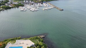Luchtbeeld van een kustjachthaven met aangemeerde boten, een zwembad en weelderige begroeiing.