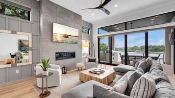 Smart TV, fireplace, video games, DVD player