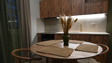 Deluxe apartment #1 | Private kitchen | Electric kettle, freezer