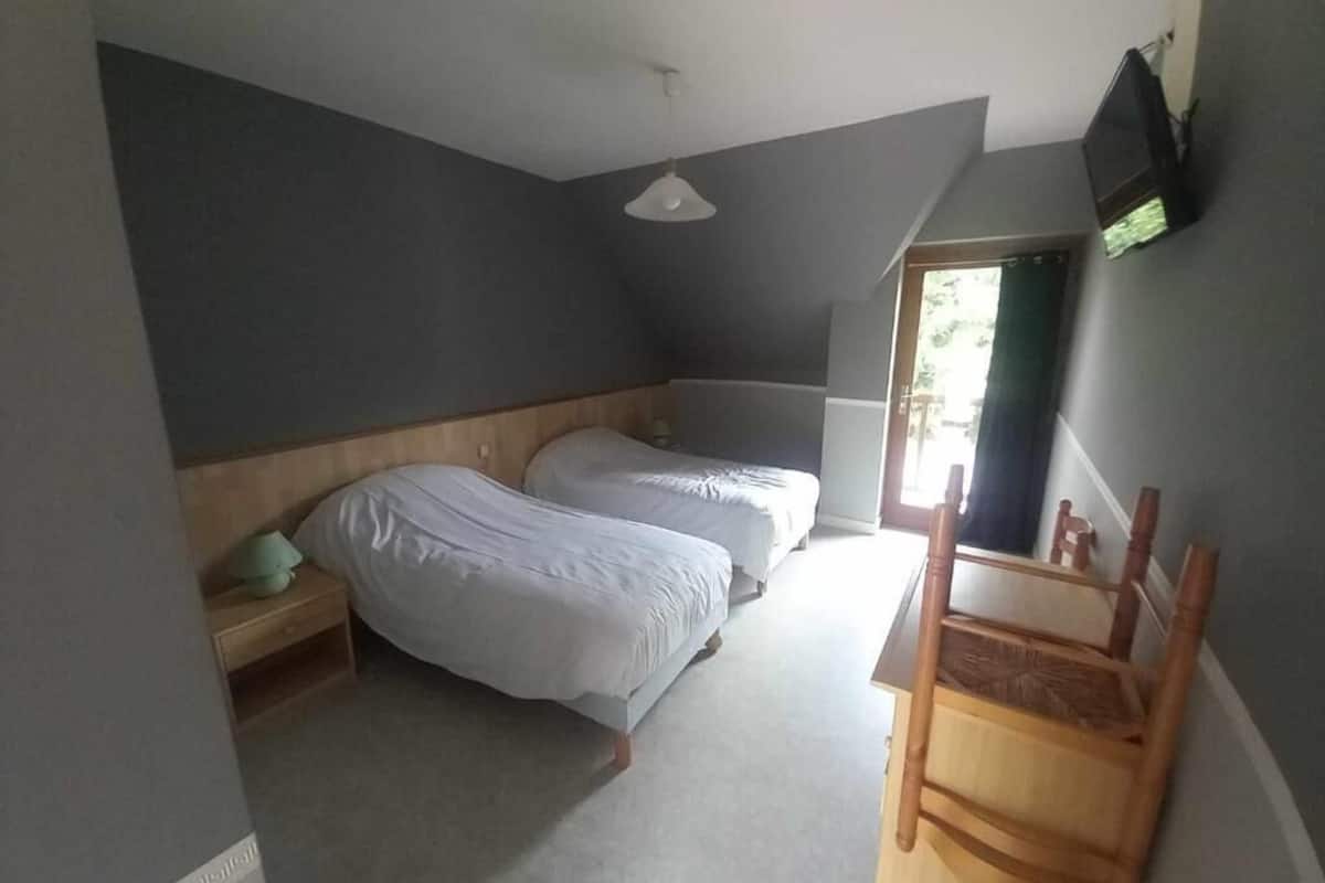 A bedroom with two beds, a wooden chair, a TV, and a window.