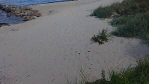 Una playa con cielo despejado, mar tranquilo y un camino de arena que conduce al agua.
