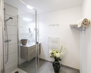 Shower, hair dryer, towels, soap