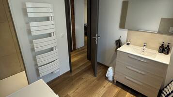 Shower, free toiletries, hair dryer, towels