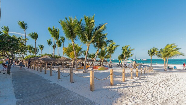 A wooden boardwalk leading to a beach with palm trees and thatched-roof structures.