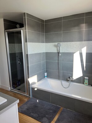Shower, hair dryer, towels, soap