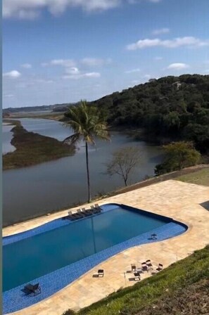 A swimming pool with lounge chairs and a palm tree, surrounded by a landscaped area and a view of a river.