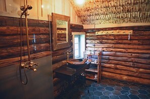 Shower, towels, soap, toilet paper