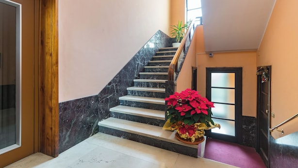 A marble staircase with a wooden handrail, a potted plant, and a door at the top. - Elegante e Raffinato in Zona Crocetta by Wonderful Italy (Turin)