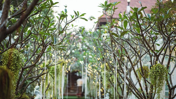 A garden pathway lined with trees and hanging lights, leading to a statue in the distance. - Bananaleaf Wedding Cafe & Resort (Nakhon Chai Si)
