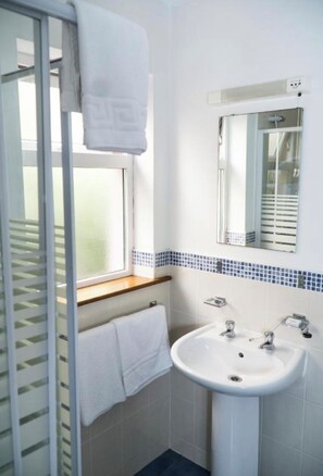 Chuveiro, toalhas de banho, papel higiênico 