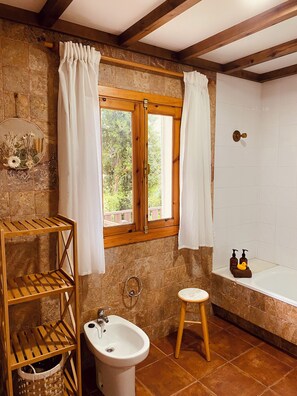 Shower, hair dryer, bidet, towels
