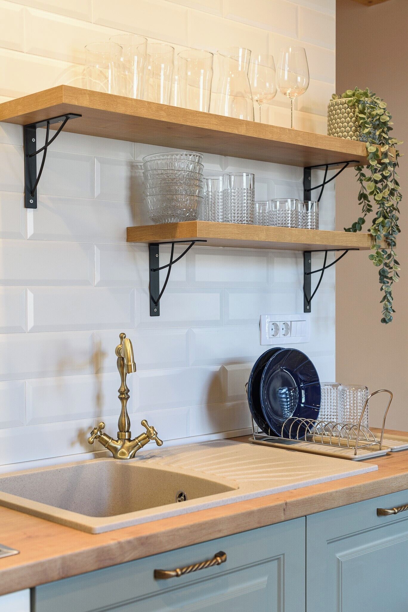 A kitchen with a wooden countertop, a sink with a brass faucet, and two shelves above holding glassware and a plant.