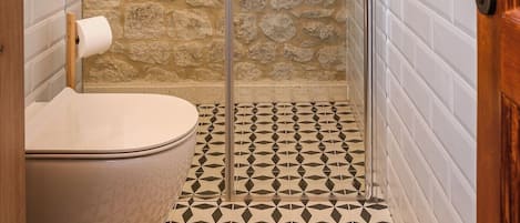 A bathroom with a stone wall, a shower, a toilet, and a patterned floor.