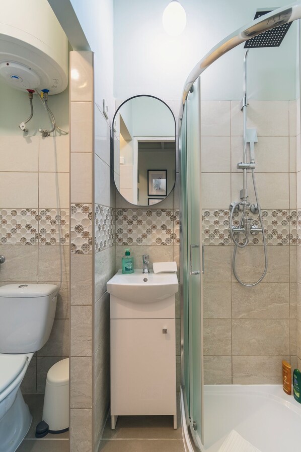 Shower, hair dryer, towels, soap