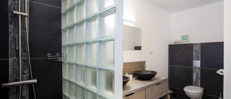 A modern bathroom with a glass shower enclosure, a wooden vanity with a bowl sink, and a toilet.
