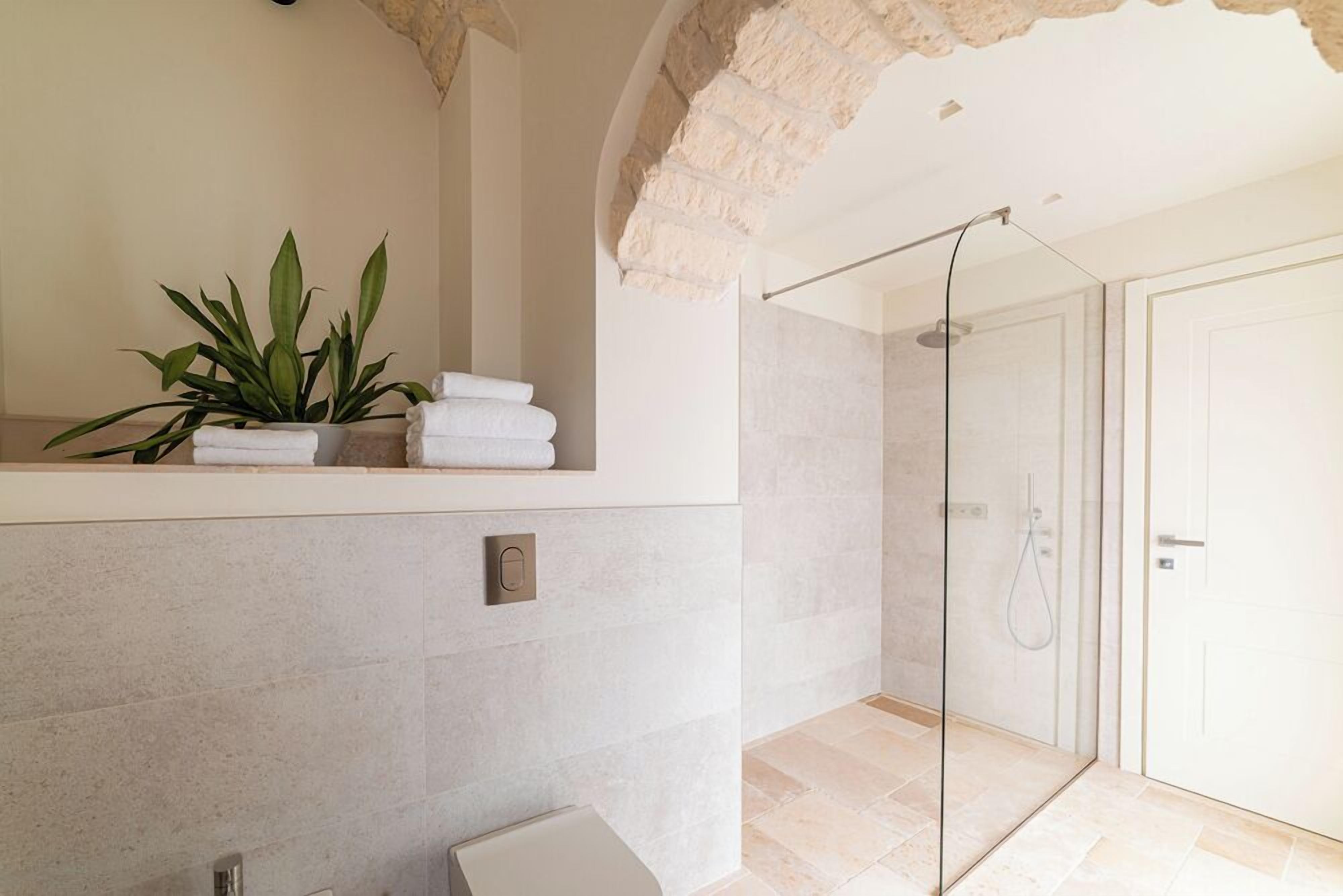 A modern bathroom with a glass shower, a potted plant, and neatly folded towels on a shelf.