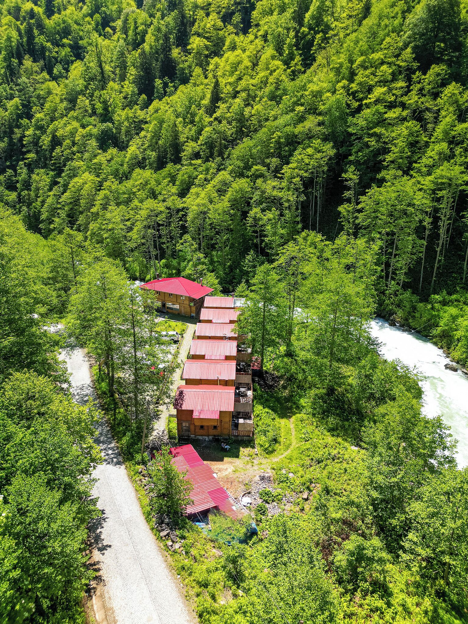 A row of cabins with red roofs nestled in a forested valley, surrounded by dense greenery and a river.