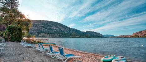 On the beach, sun-loungers, beach towels