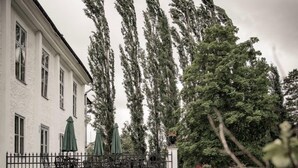 A courtyard with a white building, a stone wall, and a grassy area with outdoor furniture. - Ruders Egendom (Tibro)