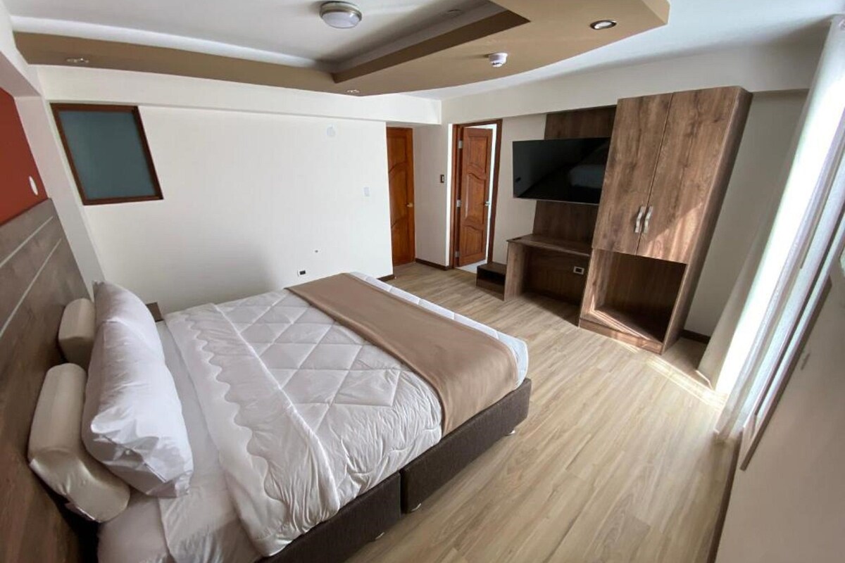A modern bedroom with a large bed, built-in wardrobe, and a television.