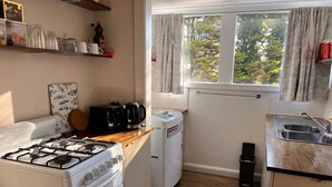 Una cocina compacta con estufa a gas, cafetera, refrigerador y pileta.