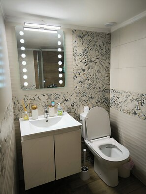 Hair dryer, towels, soap, shampoo