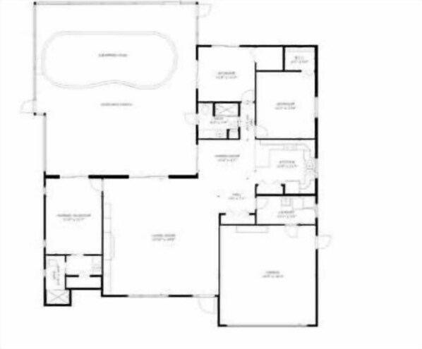 A floor plan of a hotel with a swimming pool, multiple bedrooms, a kitchen, and a dining area. - Villa Savona - Beautiful sunsets at waterfront with own dock (Cape Coral)