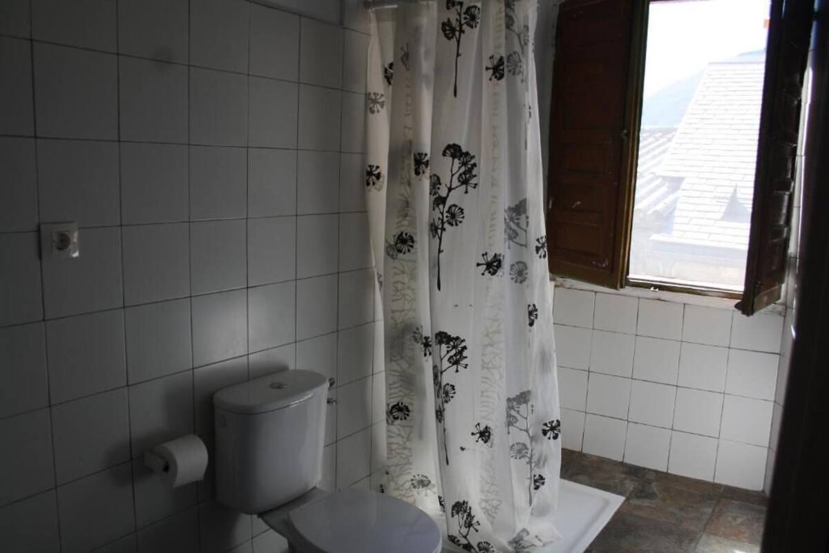 Um banheiro com vaso sanitário, rolo de papel higiênico e cortina de chuveiro estampada com flores.