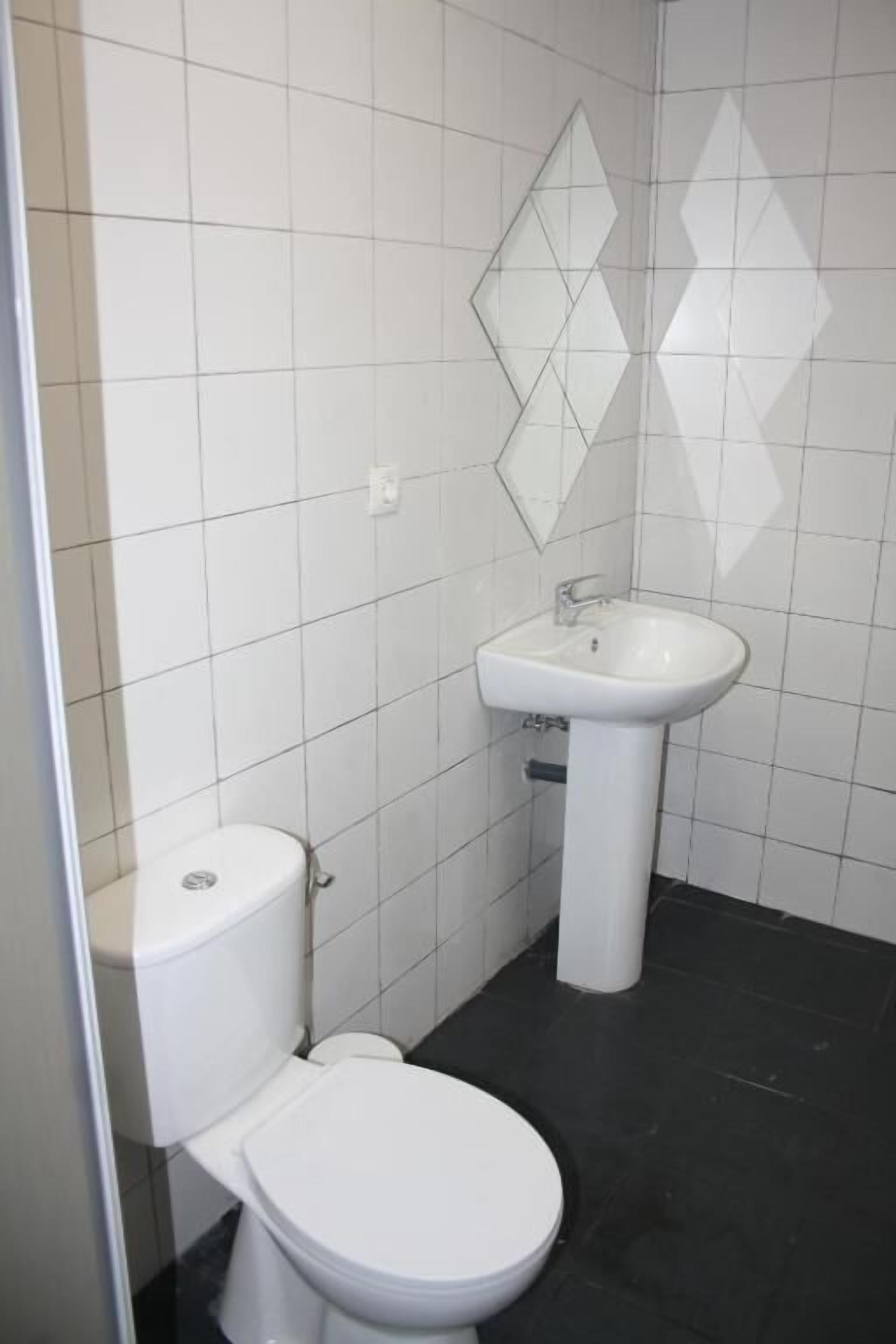 Un baño con inodoro, lavamanos y un espejo en la pared.