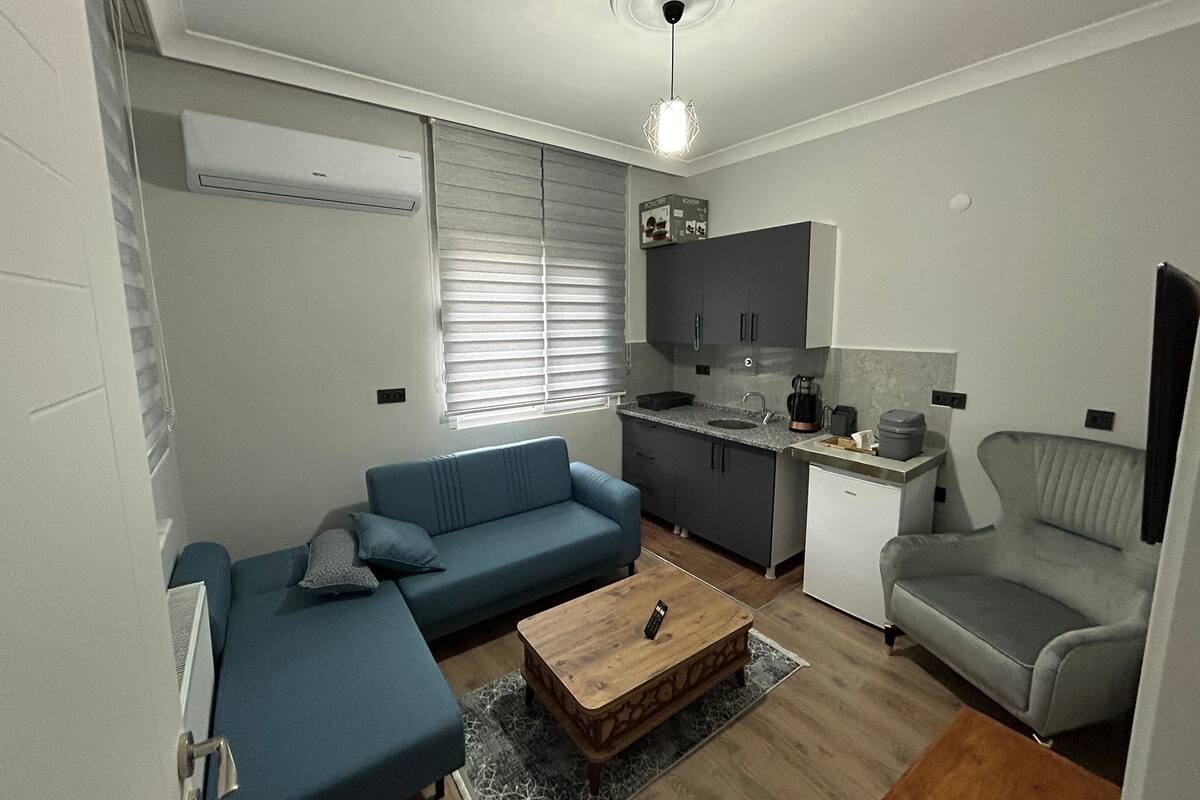 Un espace de vie compact comprenant un coin cuisine, un canapé bleu, un fauteuil gris et une table basse en bois.