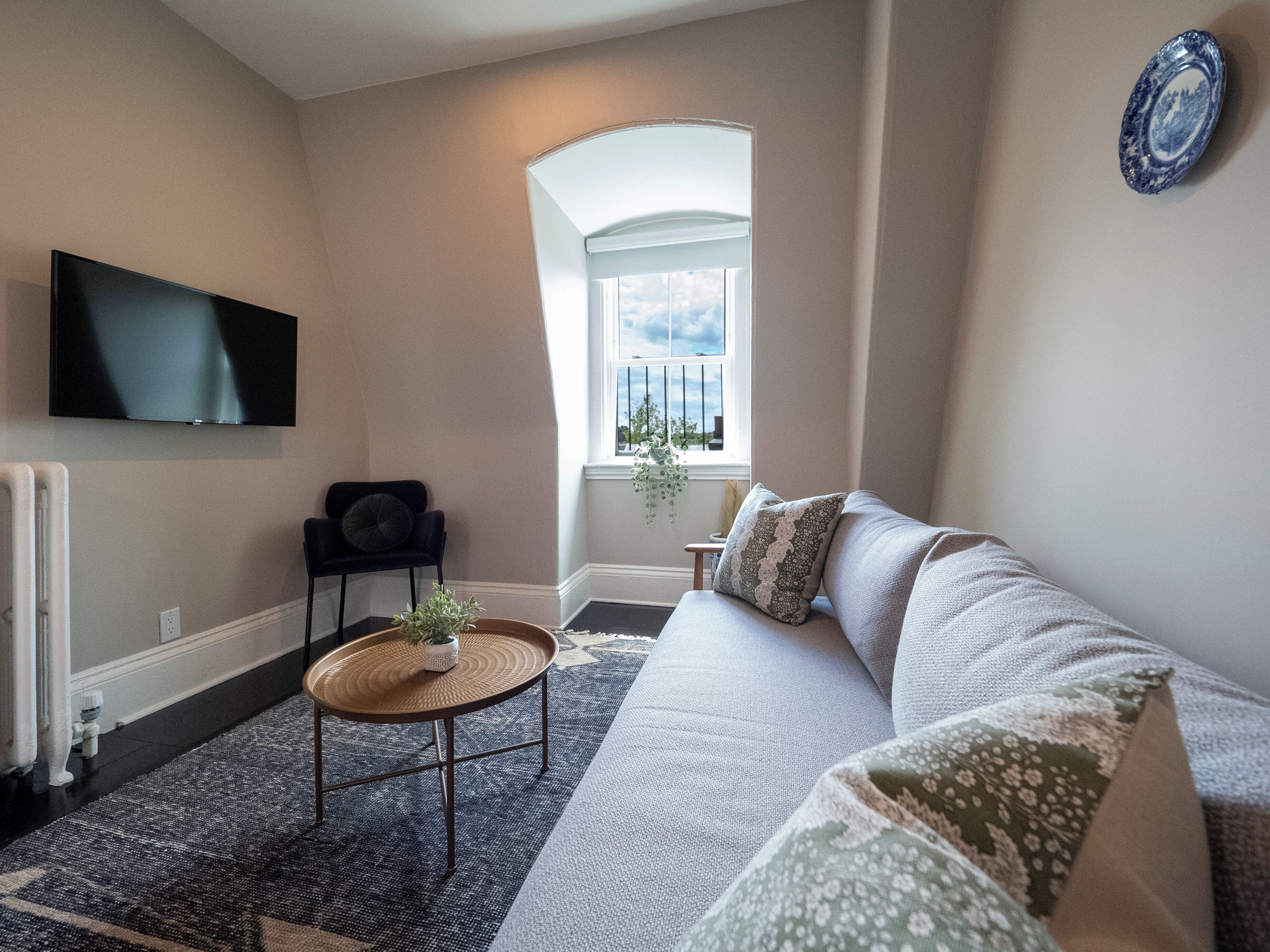 En stue med sofa, fjernsyn, et lille bord med en plante og et vindue med udsigt.