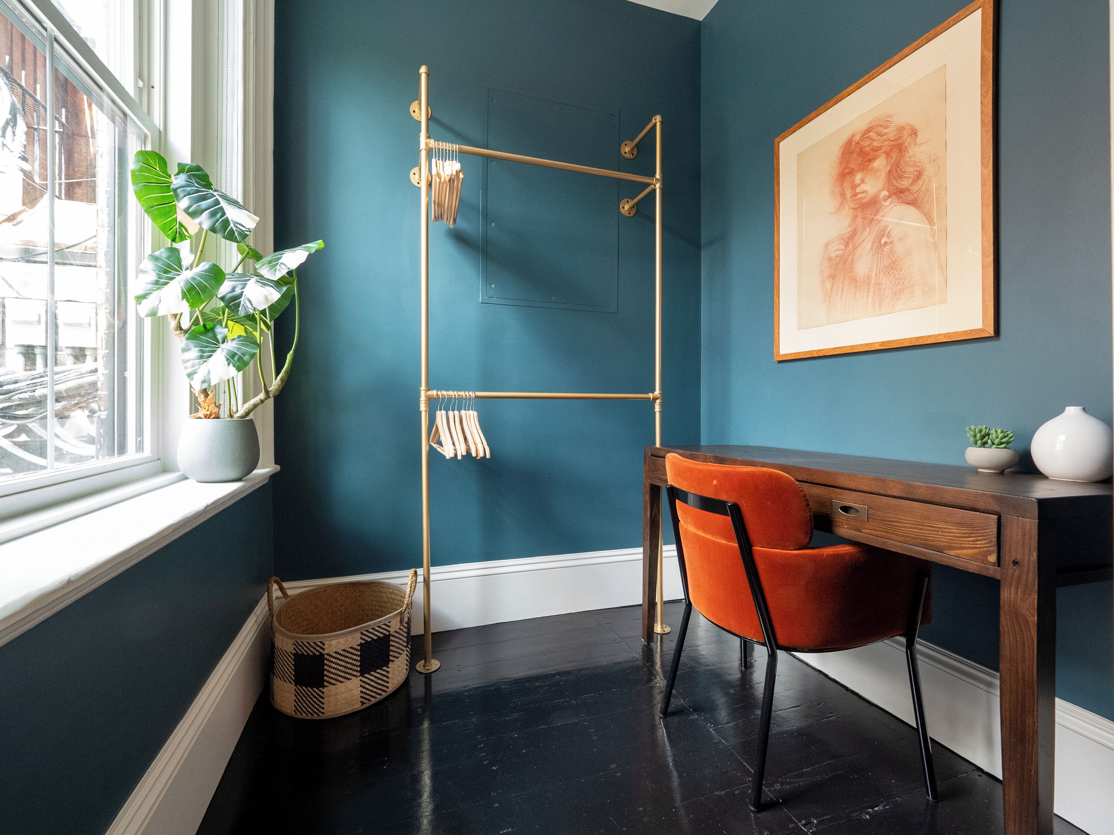 A room with a dark blue wall, a wooden desk with a chair, a hanging clothes rack, a potted plant, and a framed artwork.