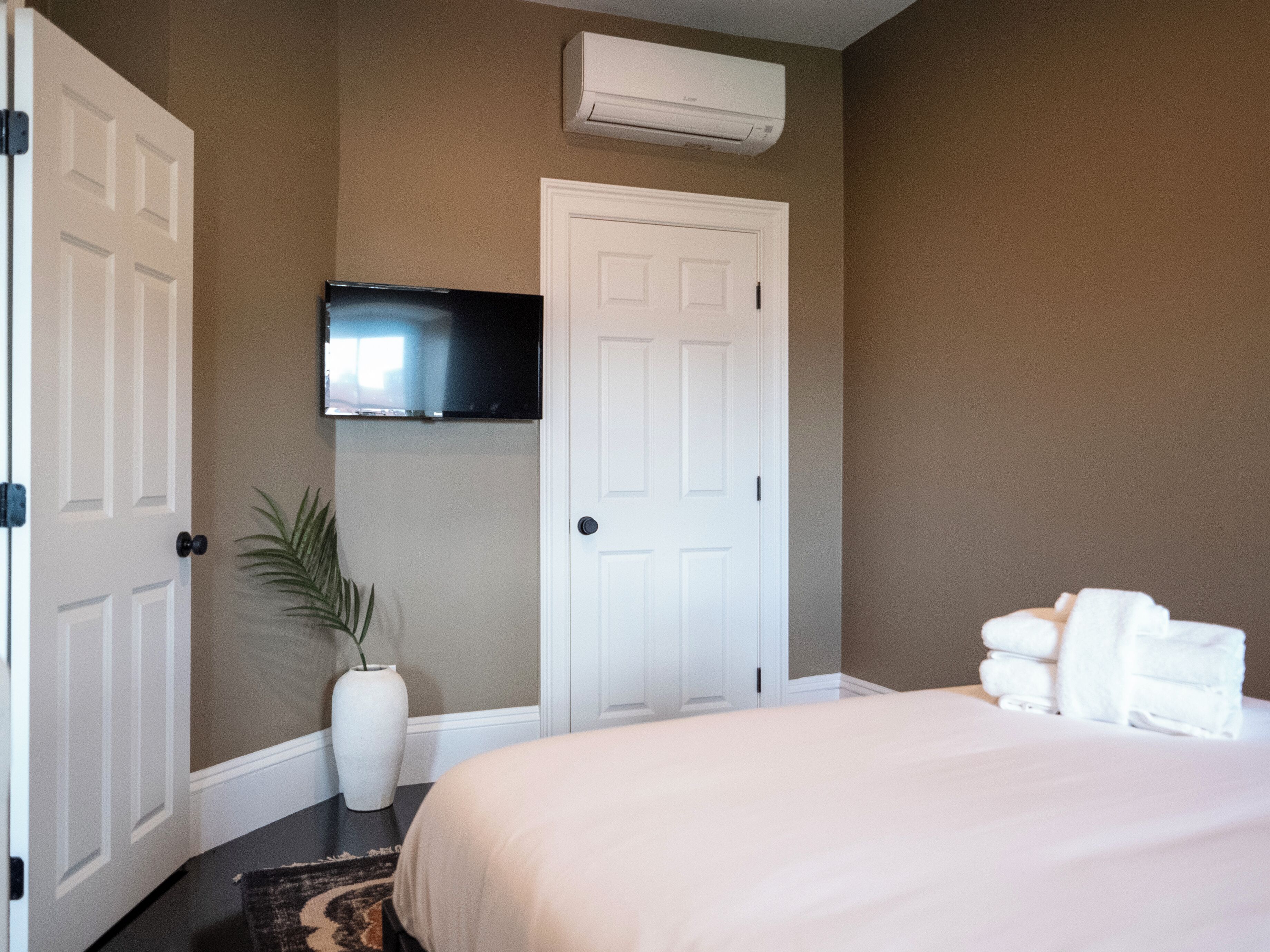 Une chambre d’hôtel avec un lit, un téléviseur fixé au mur, une porte blanche et une plante.