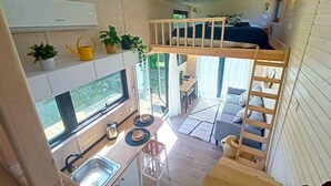 A compact, modern cabin with a kitchen, dining area, and a loft bedroom with a wooden ladder.