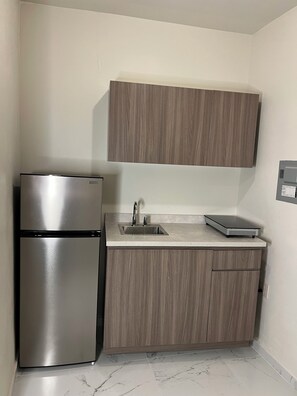 Frigorífico, microondas, placa de cocina y cafetera o tetera