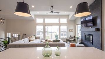 Smart TV, fireplace, table tennis, books