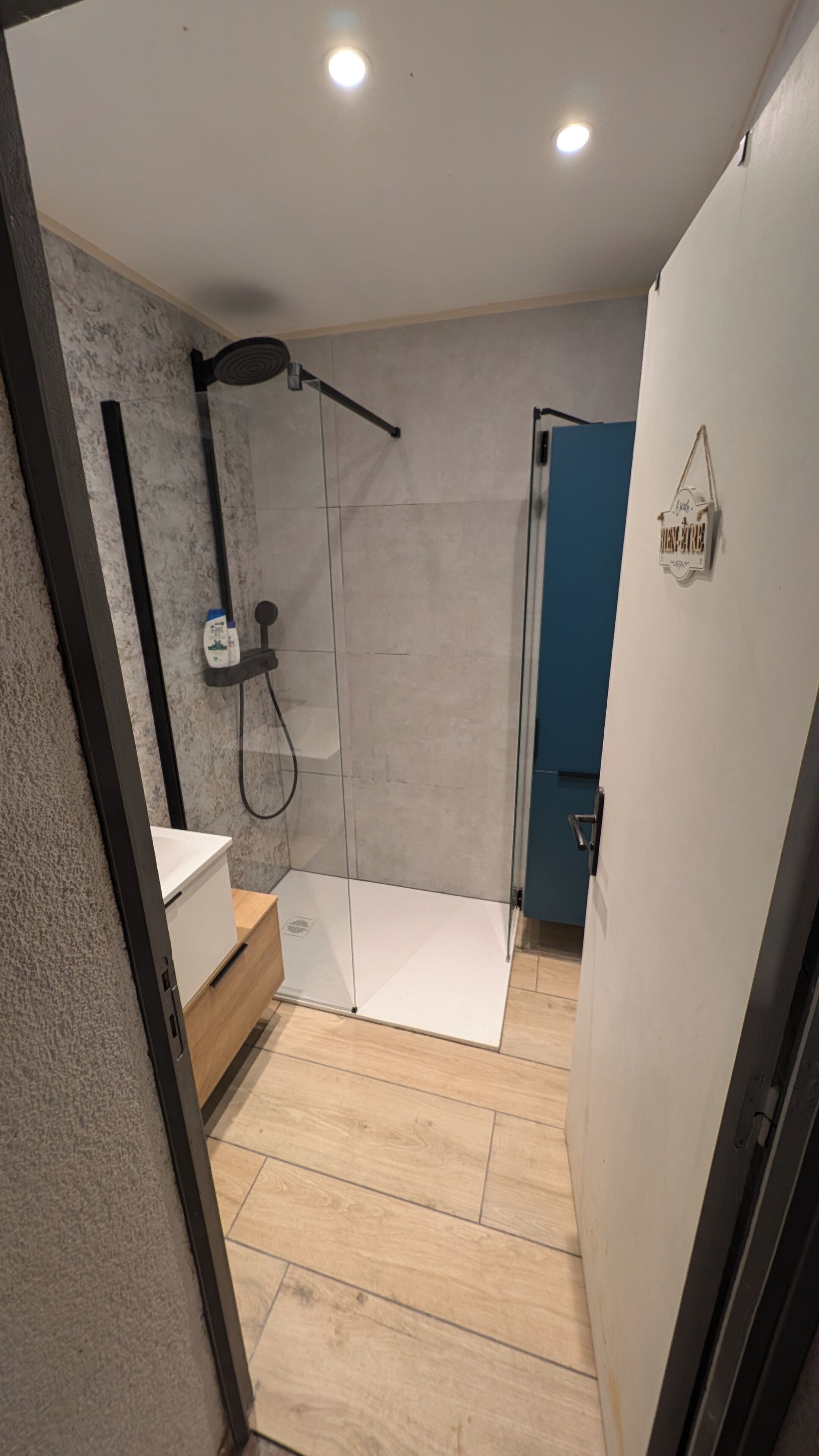 Shower, hair dryer, soap, shampoo