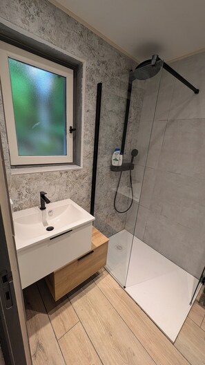 Shower, hair dryer, soap, shampoo