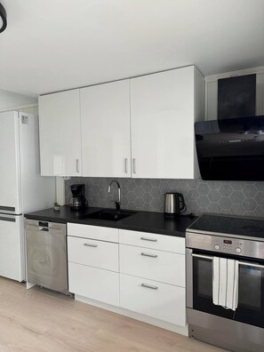 Ovn, kokeplater, oppvaskmaskin og kaffetrakter/tekoker