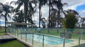 Une piscine rectangulaire dotée d’une enceinte en verre, entourée d’une pelouse et de palmiers.
