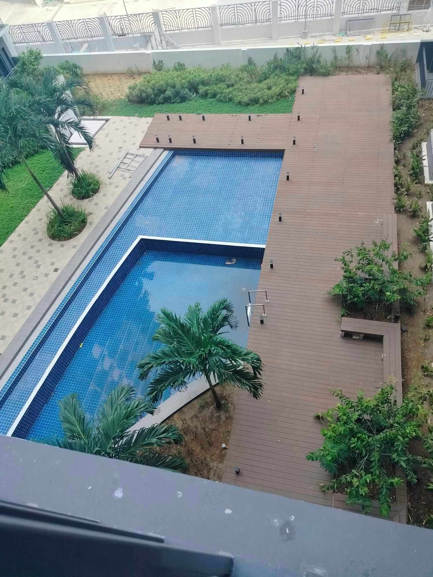 A rooftop swimming pool with a wooden deck and surrounding greenery.