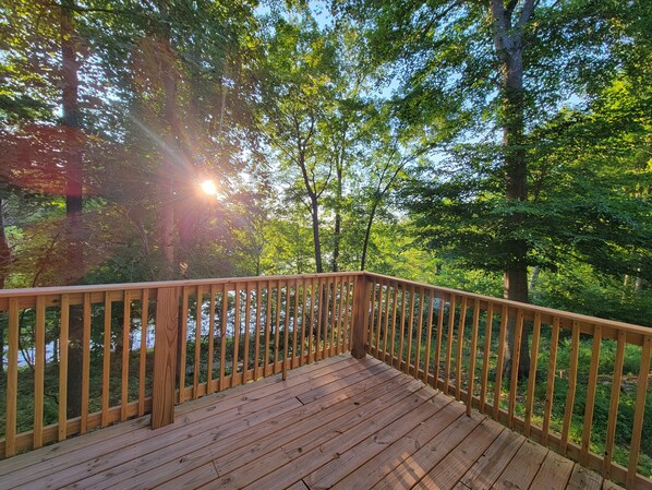Une terrasse en bois avec une rambarde donnant sur une zone boisée.