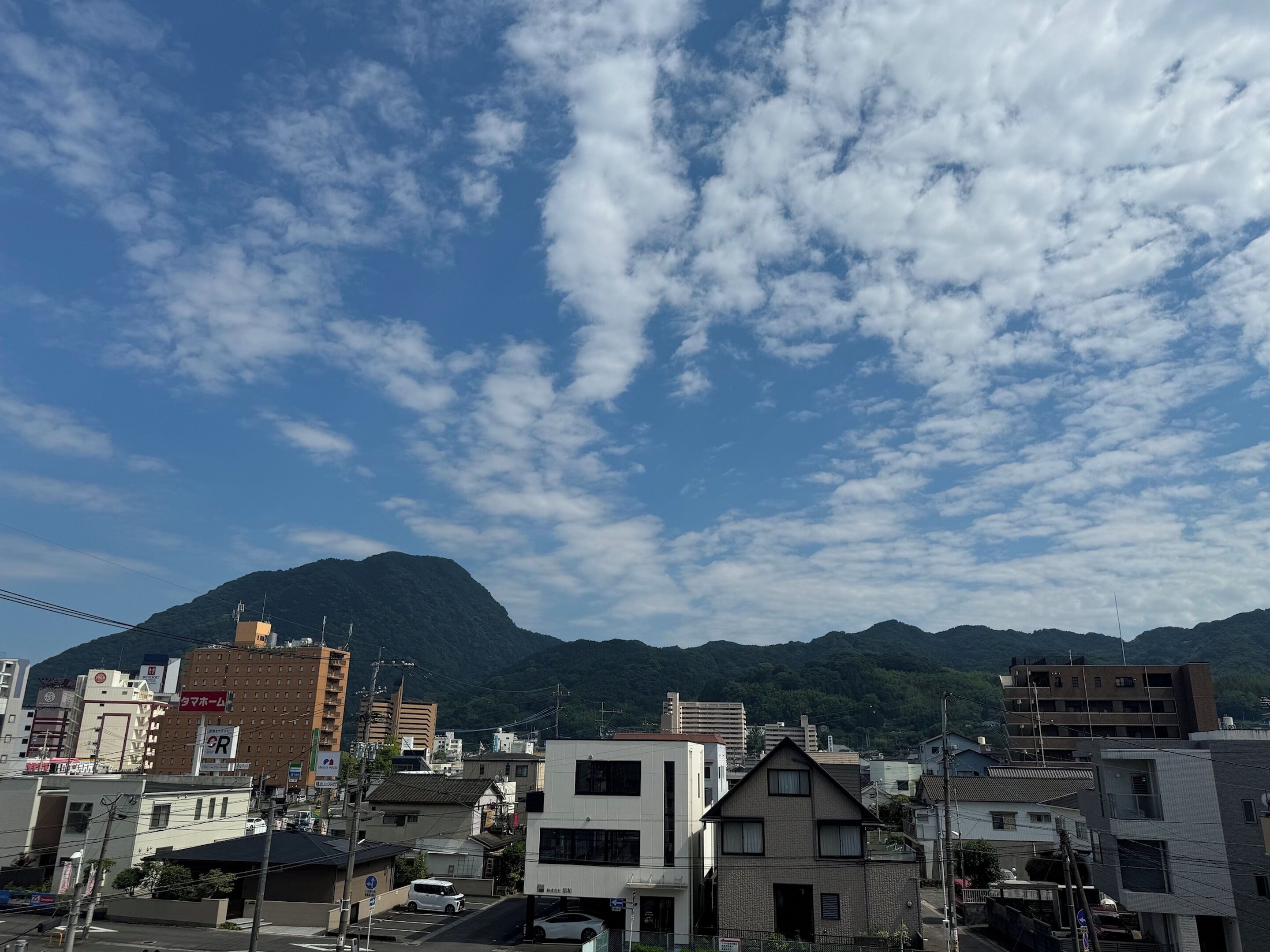A town with buildings and a mountain in the background.