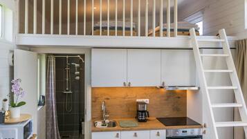 Fridge, microwave, dishwasher, cookware/dishes/utensils