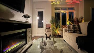 TV connectée, cheminée, livres, chaßne hi-fi