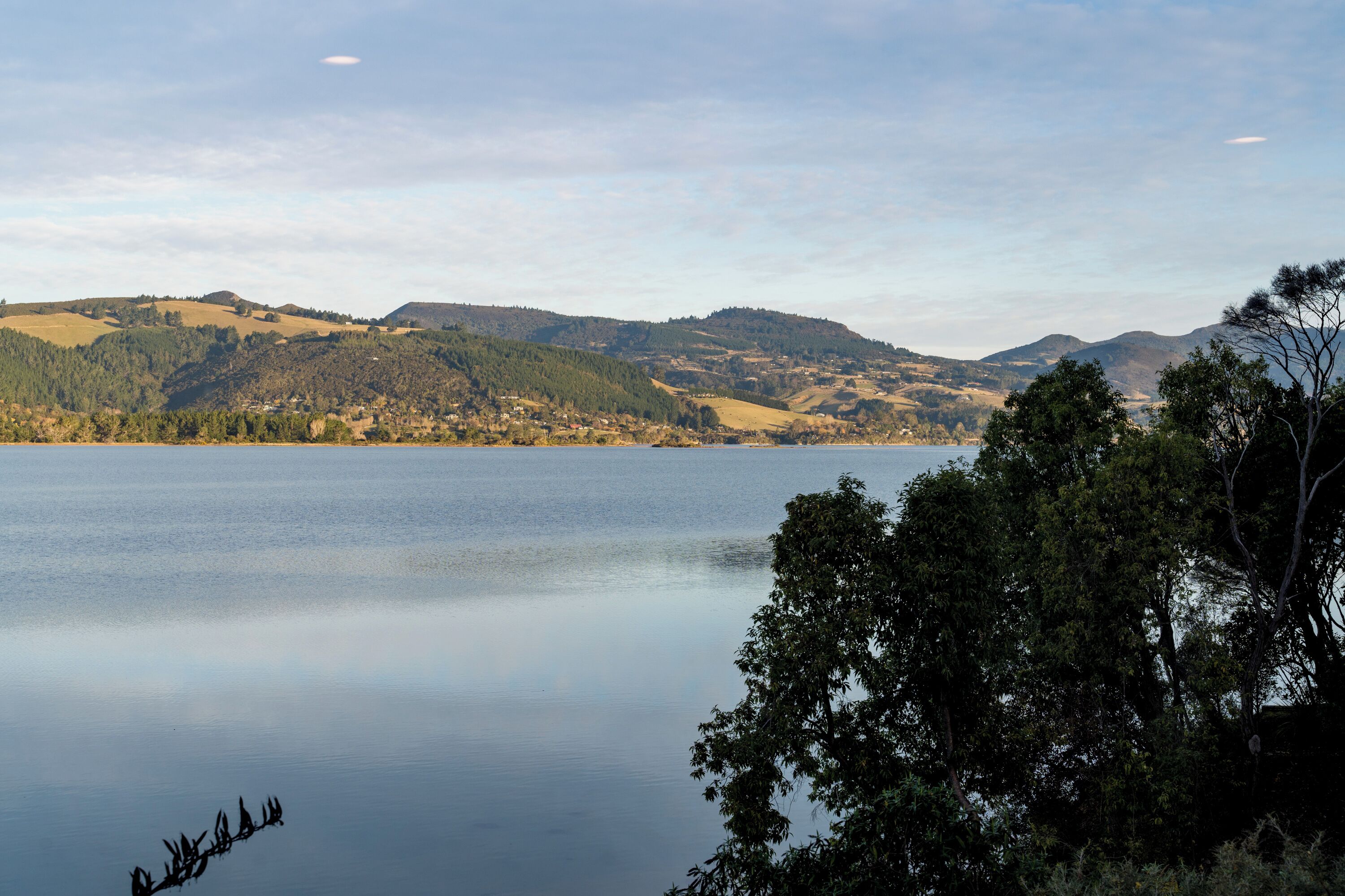 Ein ruhiger See, umgeben von Hügeln und Bäumen.